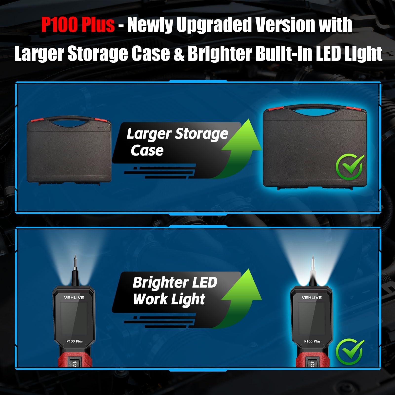 VEHLIVE P100 Plus angled LCD closeup with backlight for easy reading in bright light