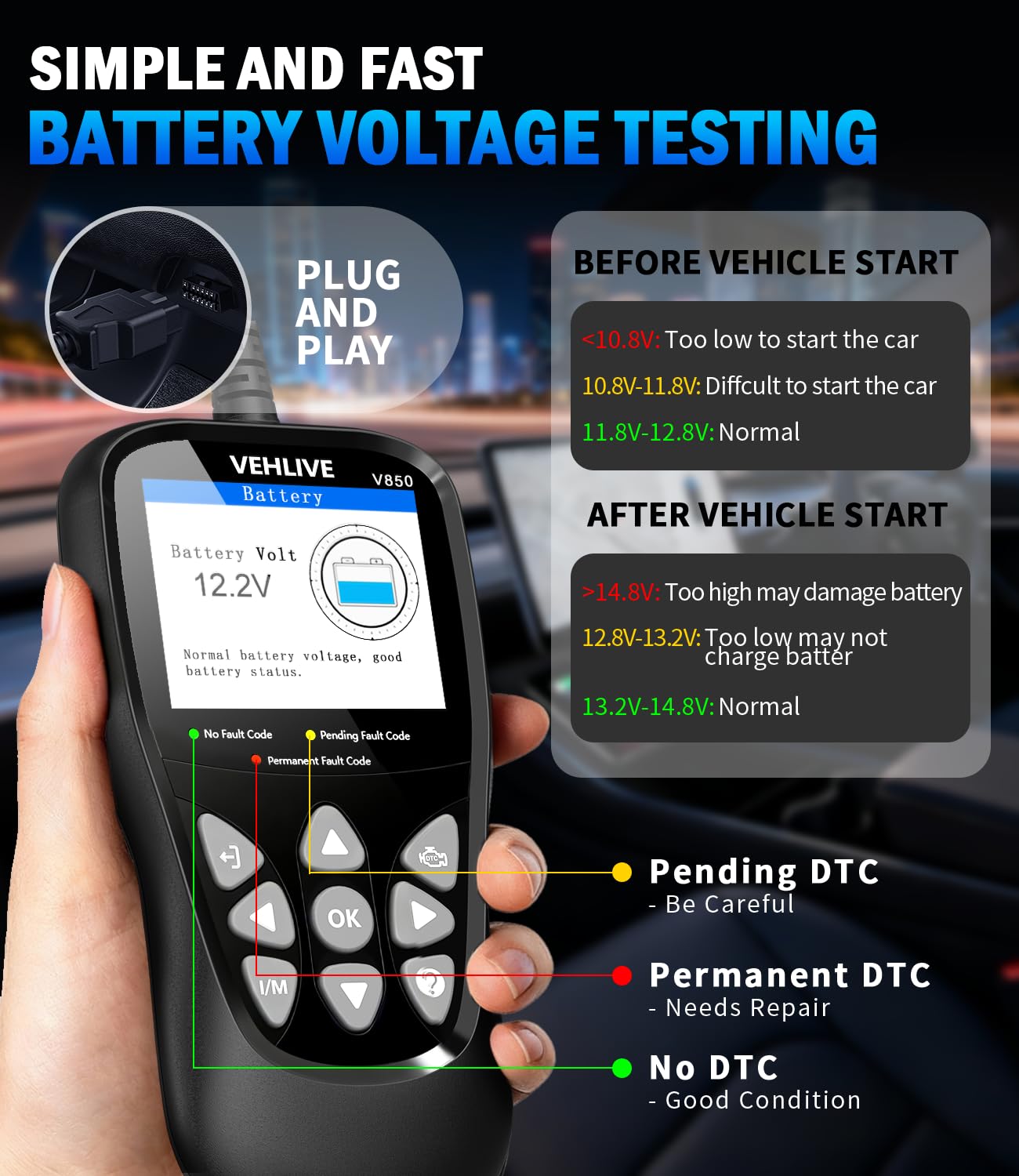 VEHLIVE V850 battery voltage test screen showing fast battery check