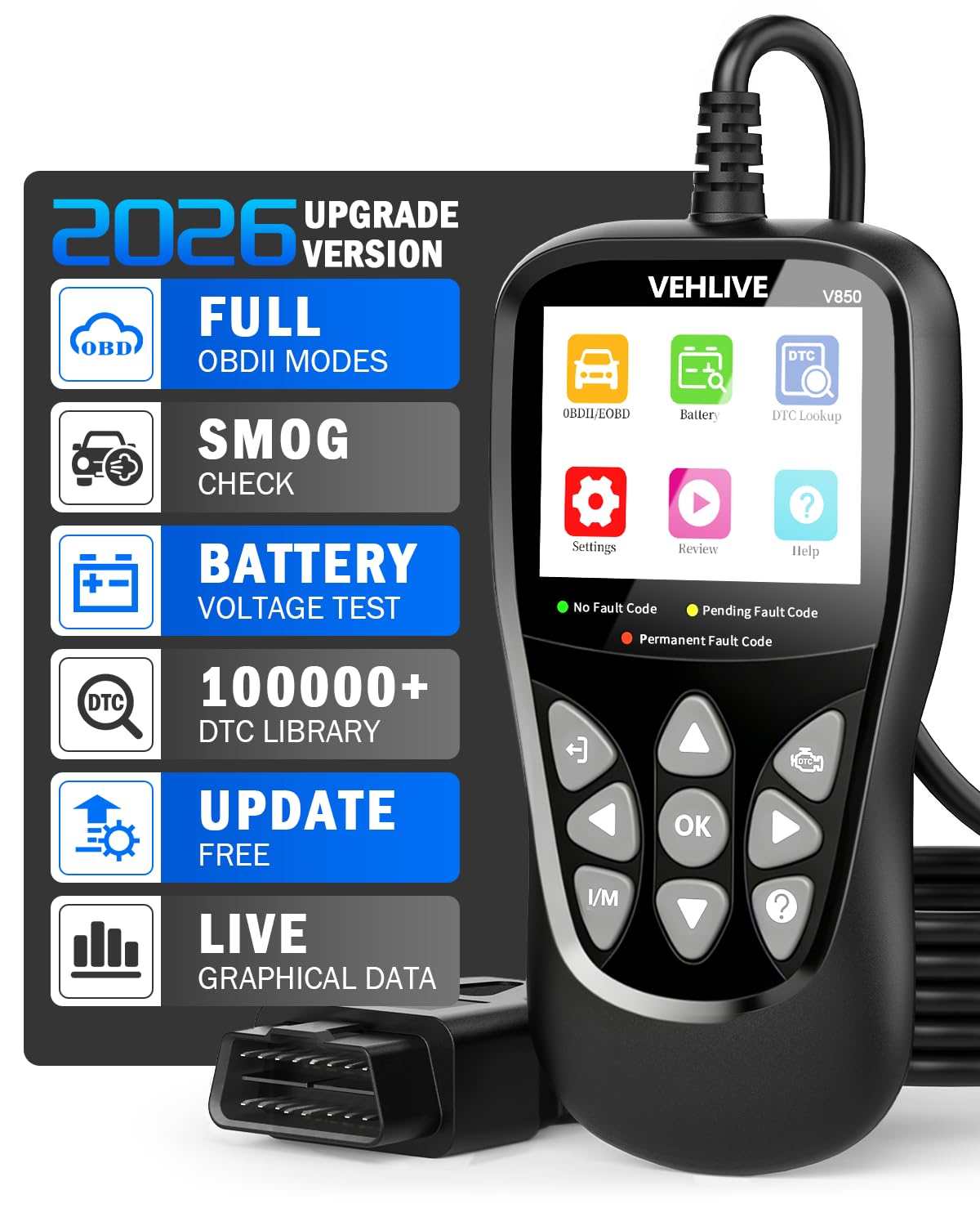 VEHLIVE V850 front display showing code read and quick benefit