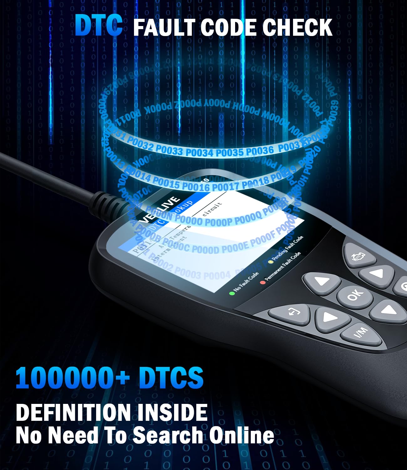 VEHLIVE V850 vehicle info screen displaying VIN retrieval benefit