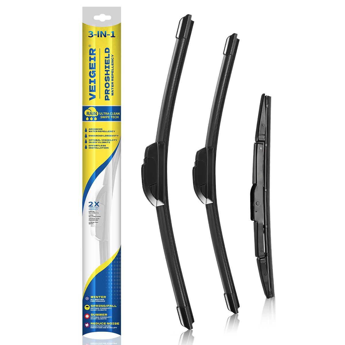 VEIGEIR front packaging showing 3-pack wiper blades and OEM fit benefits