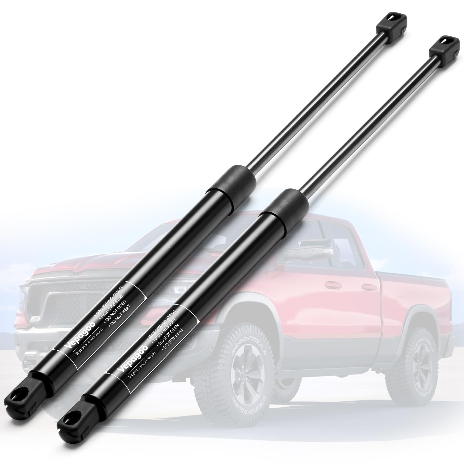 Vepagoo front packaging showing both hood struts and included instructions, clear fit benefits