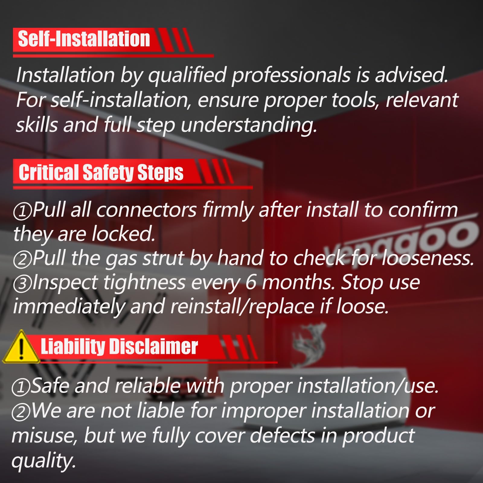 Vepagoo struts with ruler and tools showing correct length and easy install benefit