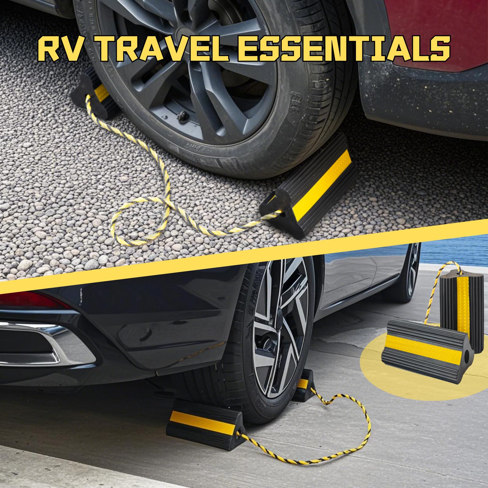Vervelette chocks deployed at campsite providing safer leveled RV parking