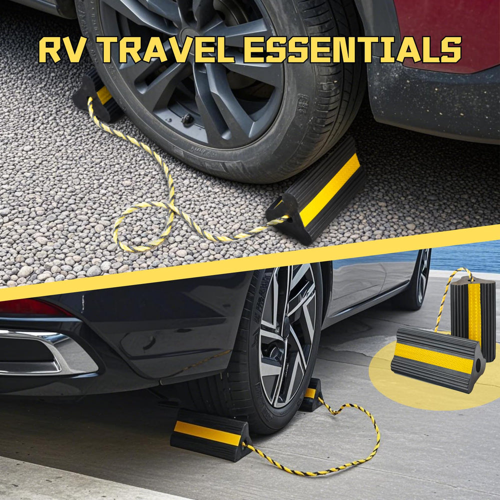 Vervelette chocks deployed at campsite providing safer leveled RV parking