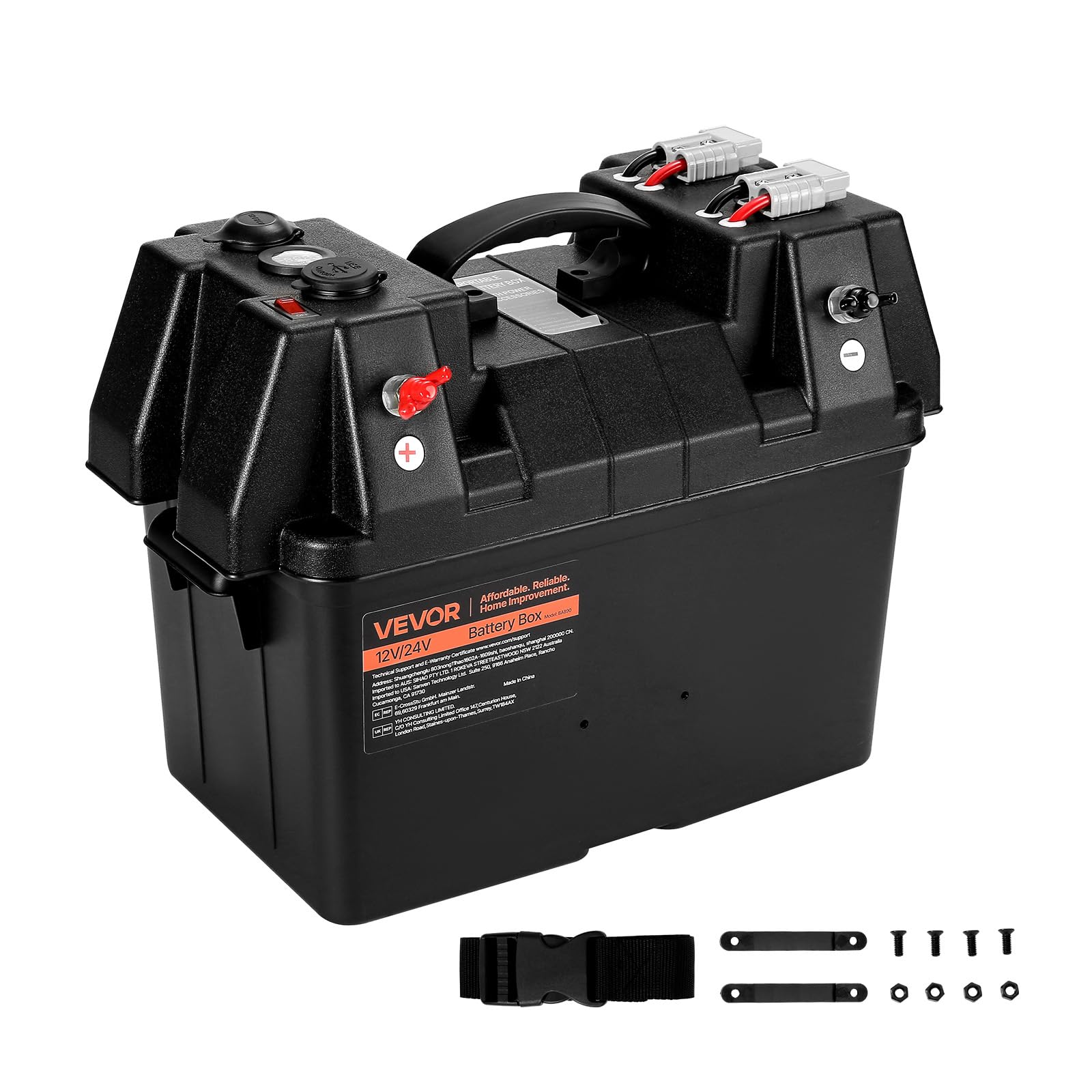 VEVOR battery box front view showing secure lid and terminals for safe transport