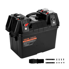 VEVOR battery box front view showing secure lid and terminals for safe transport