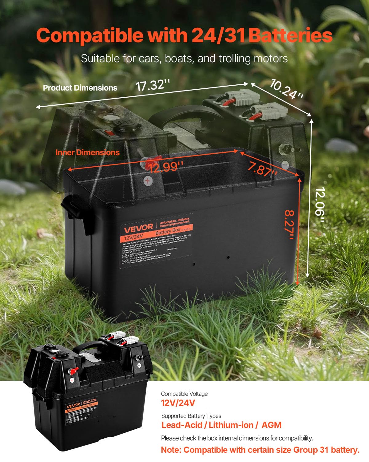 VEVOR battery box open with Group 24 battery inside demonstrating protected installation