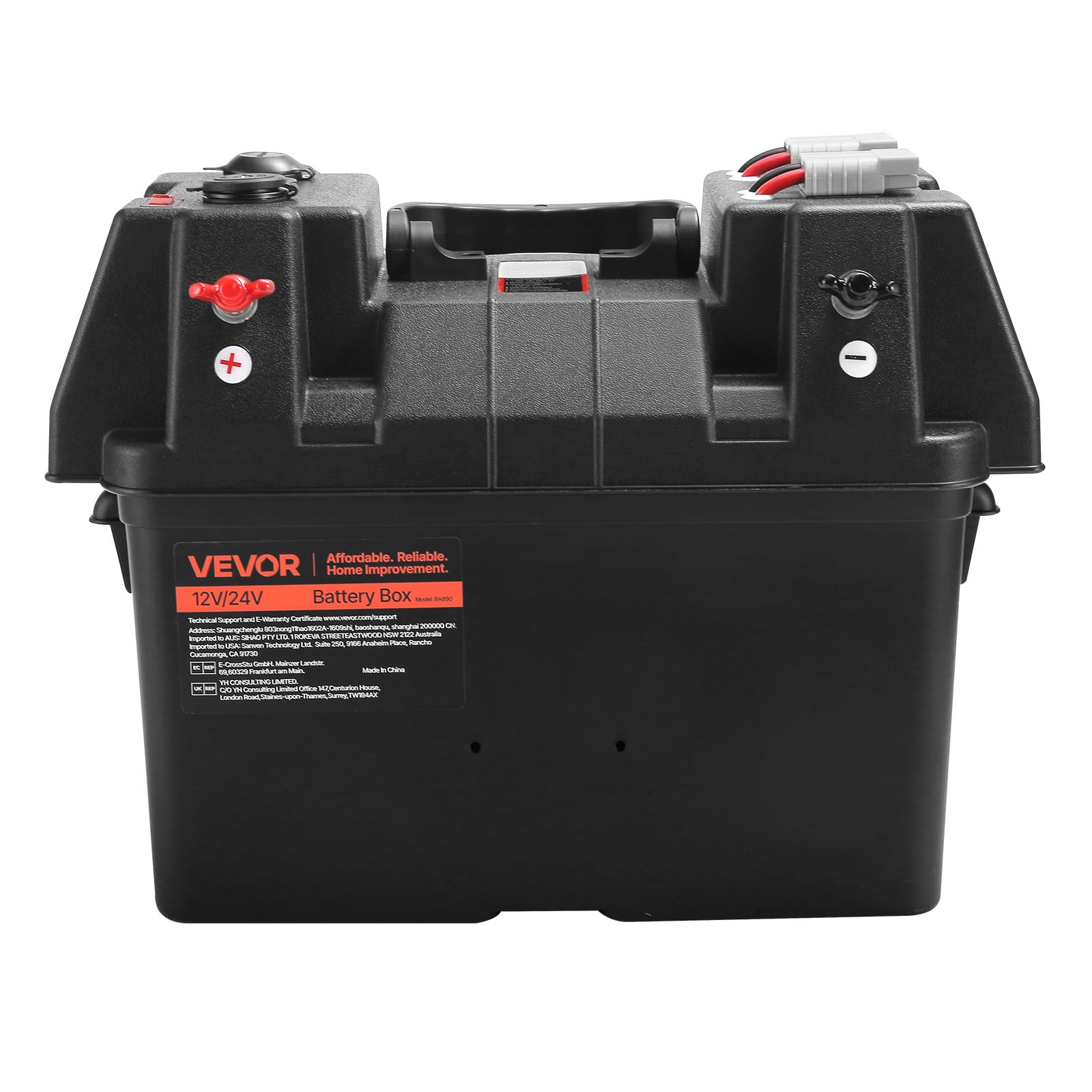 VEVOR battery box shell texture and drainage showing impact-resistant, weatherproof design