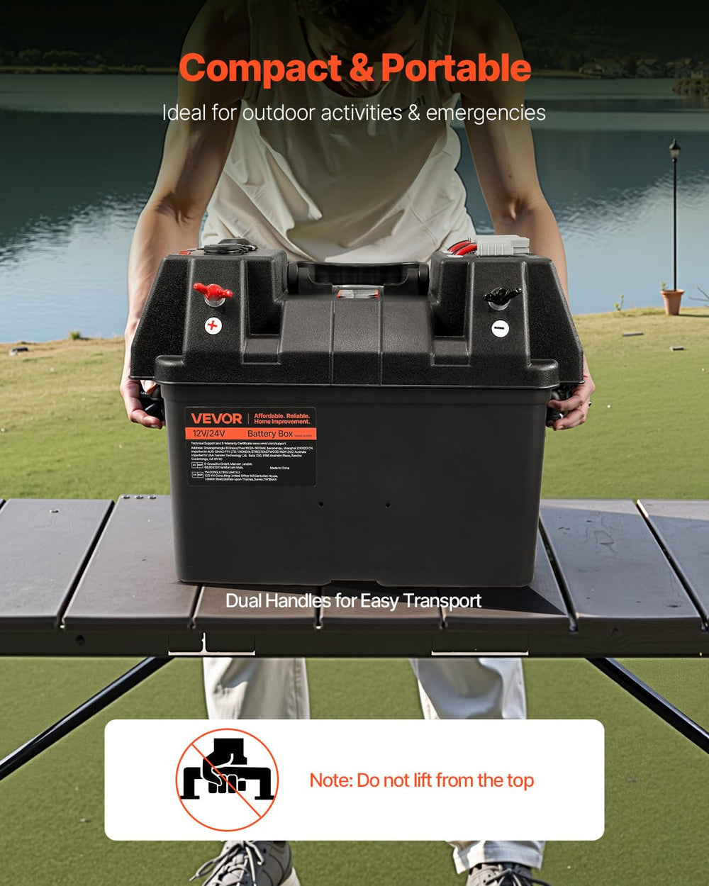 VEVOR battery box strap and handle detail offering stable carrying and vibration reduction