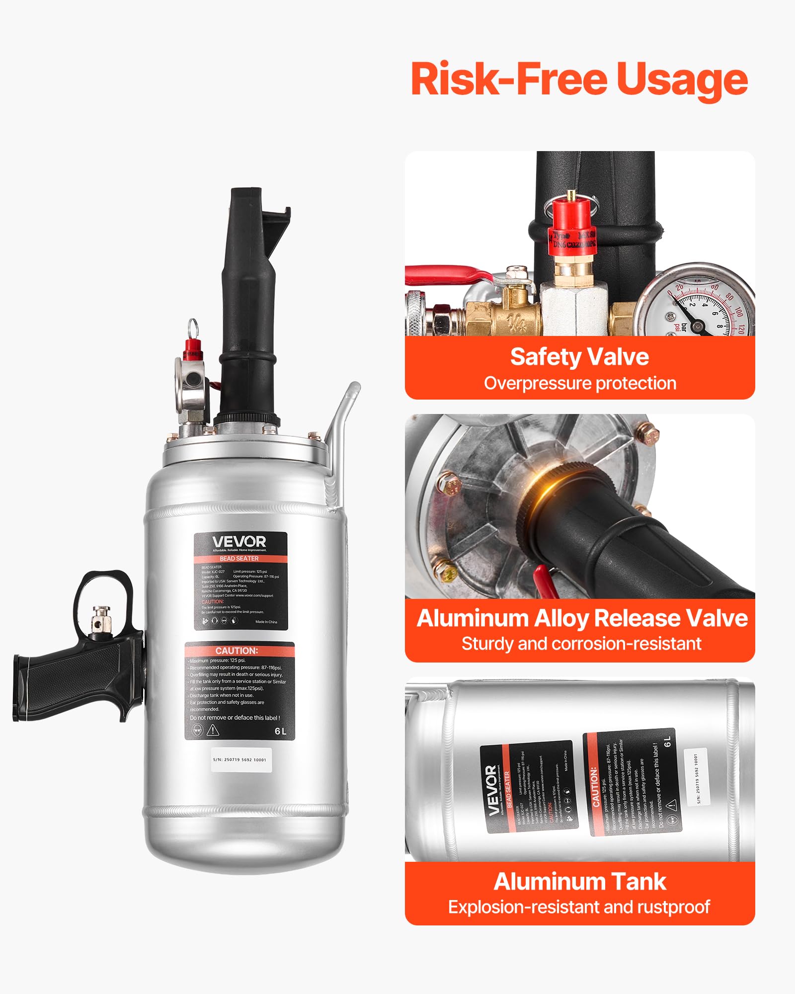 VEVOR aluminum cylinder and safety valve label showing pressure protection