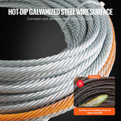 VEVOR galvanized cable texture close-up, shows corrosion resistance and rugged durability