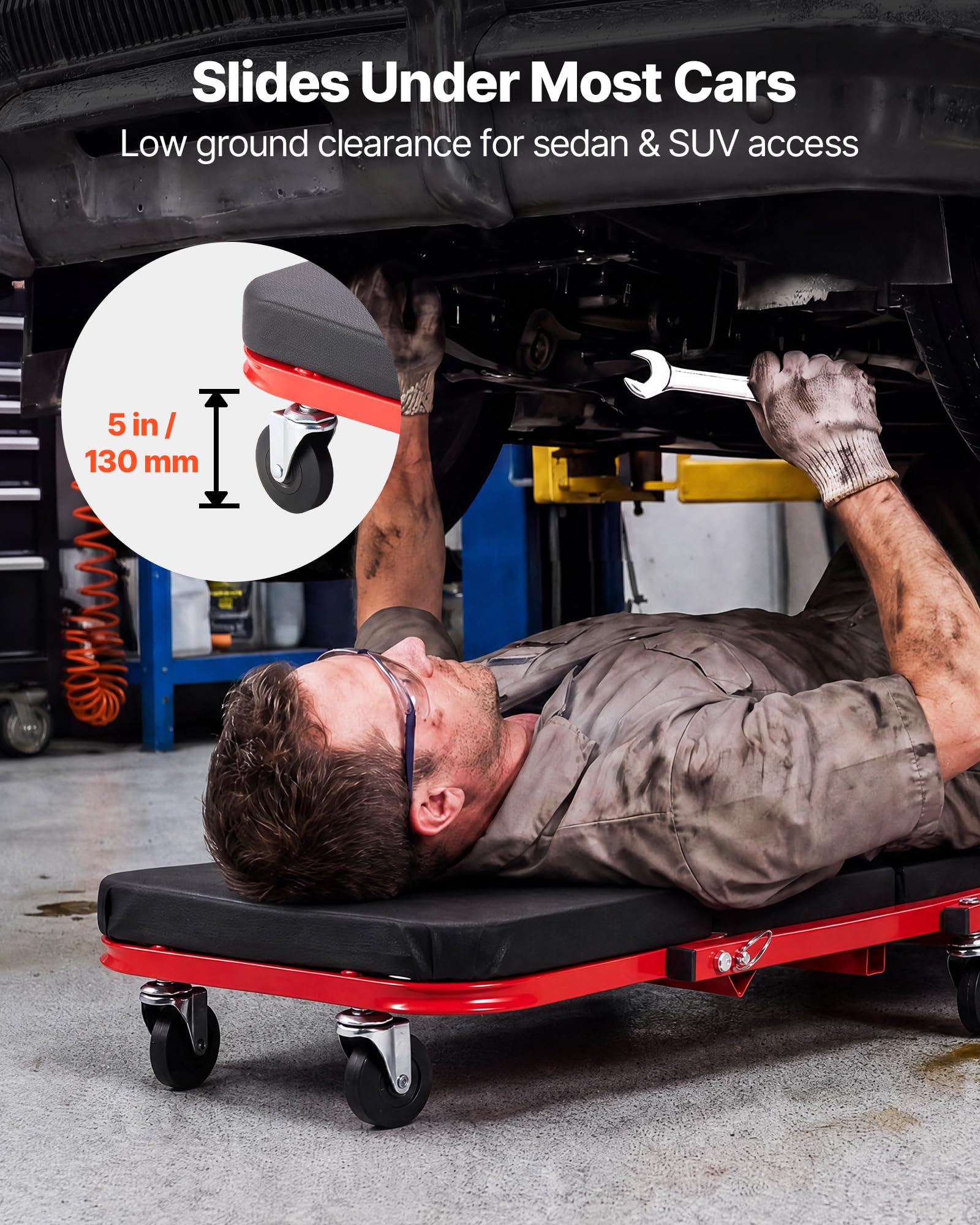 VEVOR seated repair position with backrest offering stable support near wheel wells