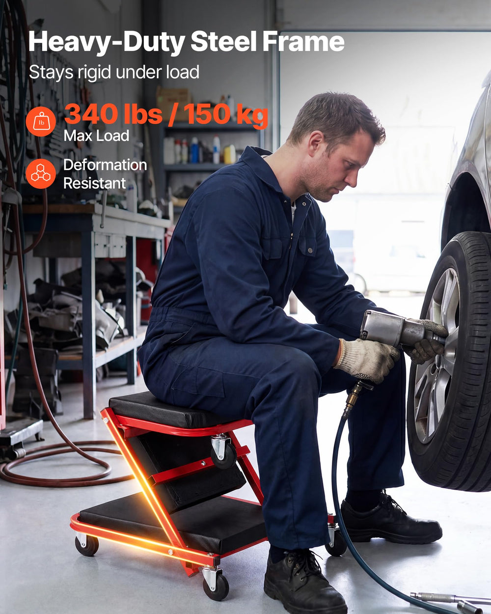 VEVOR creeper used under car showing low-profile access that reduces vehicle lift need