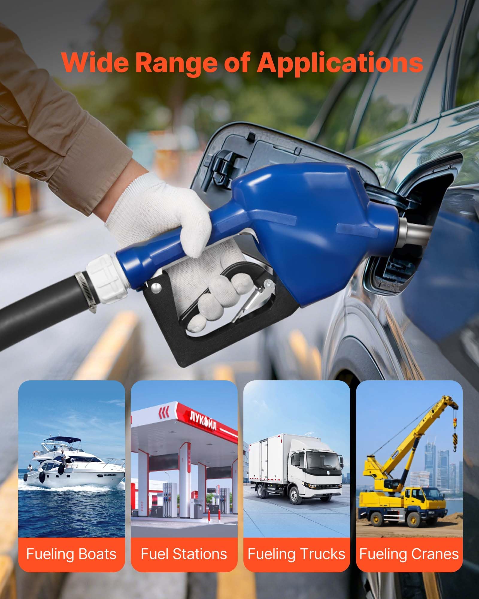 VEVOR nozzle in use filling a tank to demonstrate fast, spill-reducing transfer