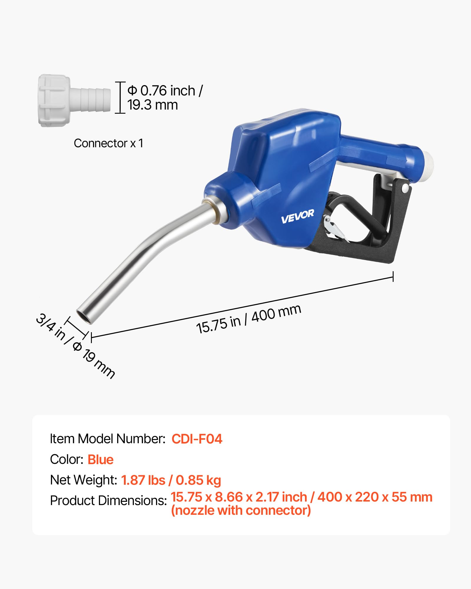 VEVOR nozzle next to a hose for scale showing compact professional size