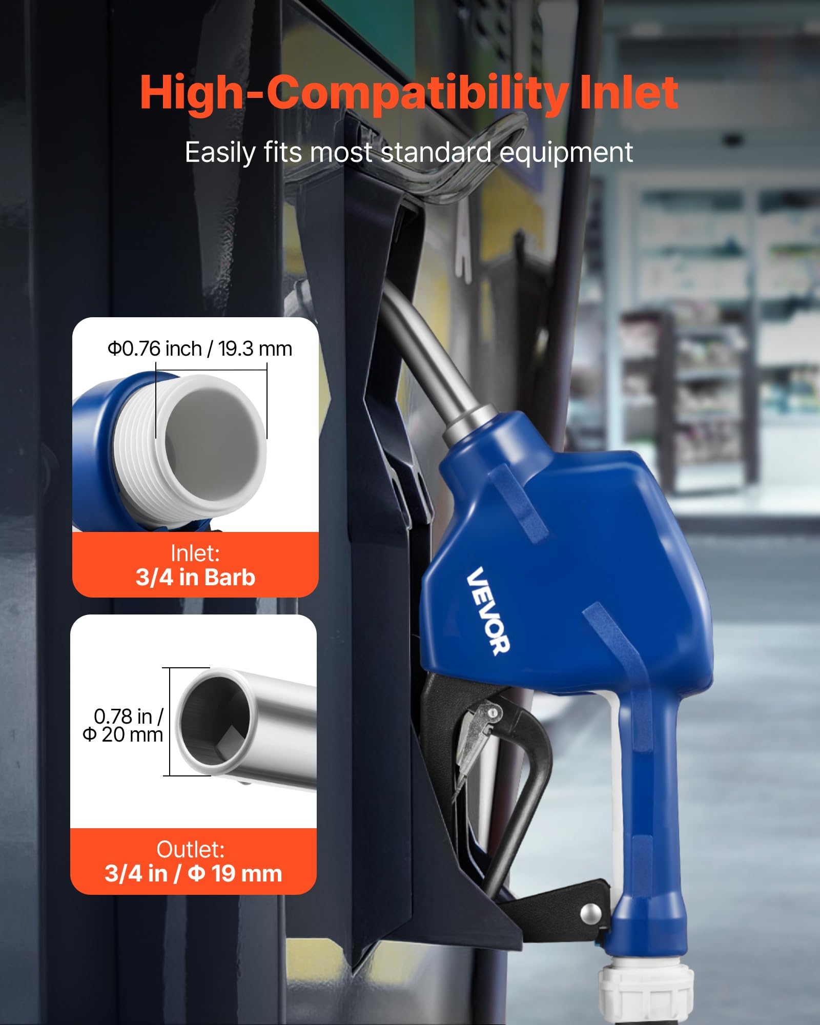 VEVOR close-up of 3/4-inch spout highlighting secure flow and precision