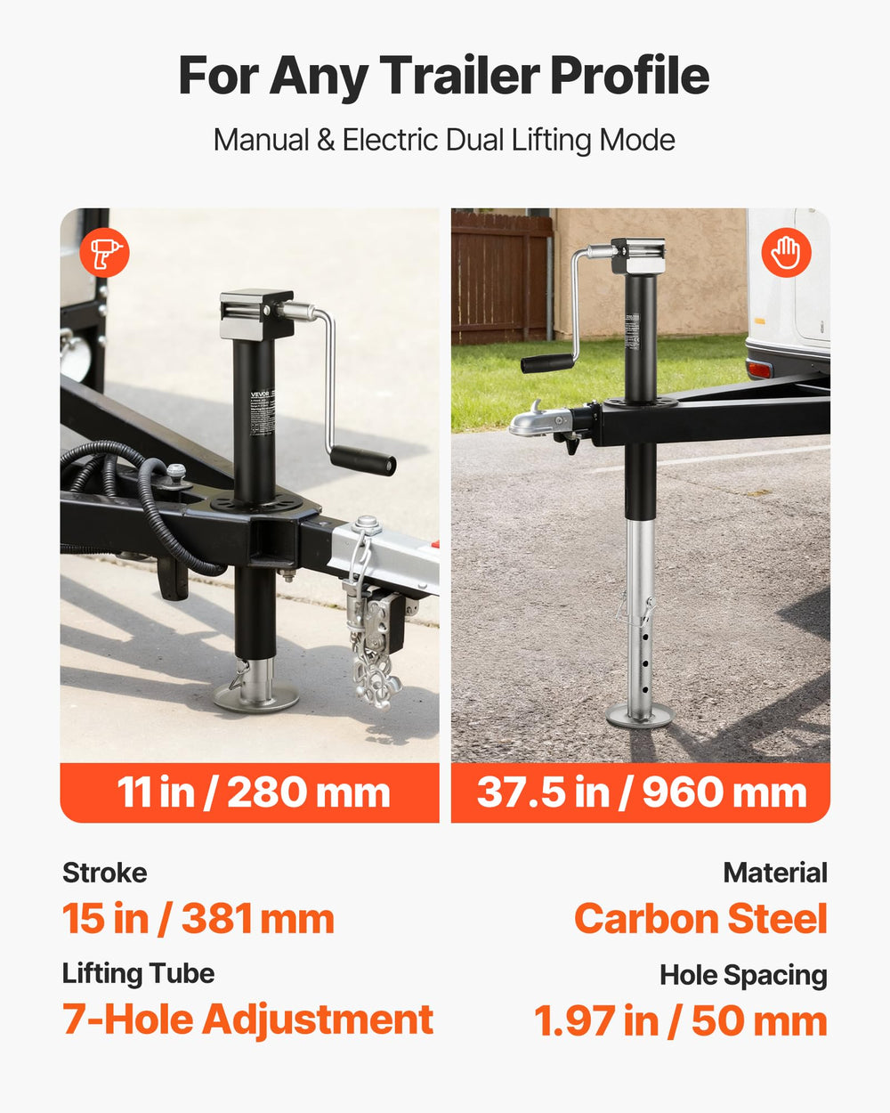 VEVOR drop leg detail showing seven adjustment holes for repeatable preset heights