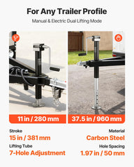VEVOR drop leg detail showing seven adjustment holes for repeatable preset heights