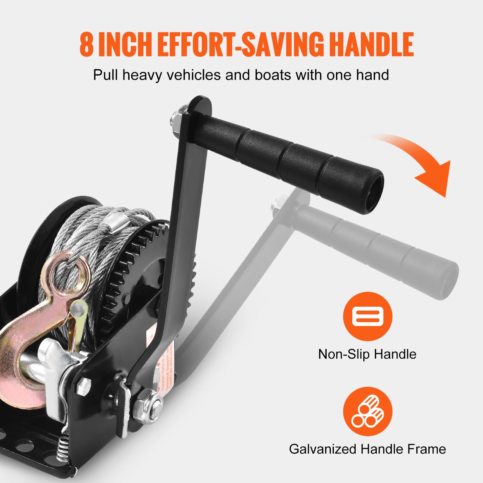 VEVOR ergonomic 8-inch handle emphasizing comfortable crank leverage