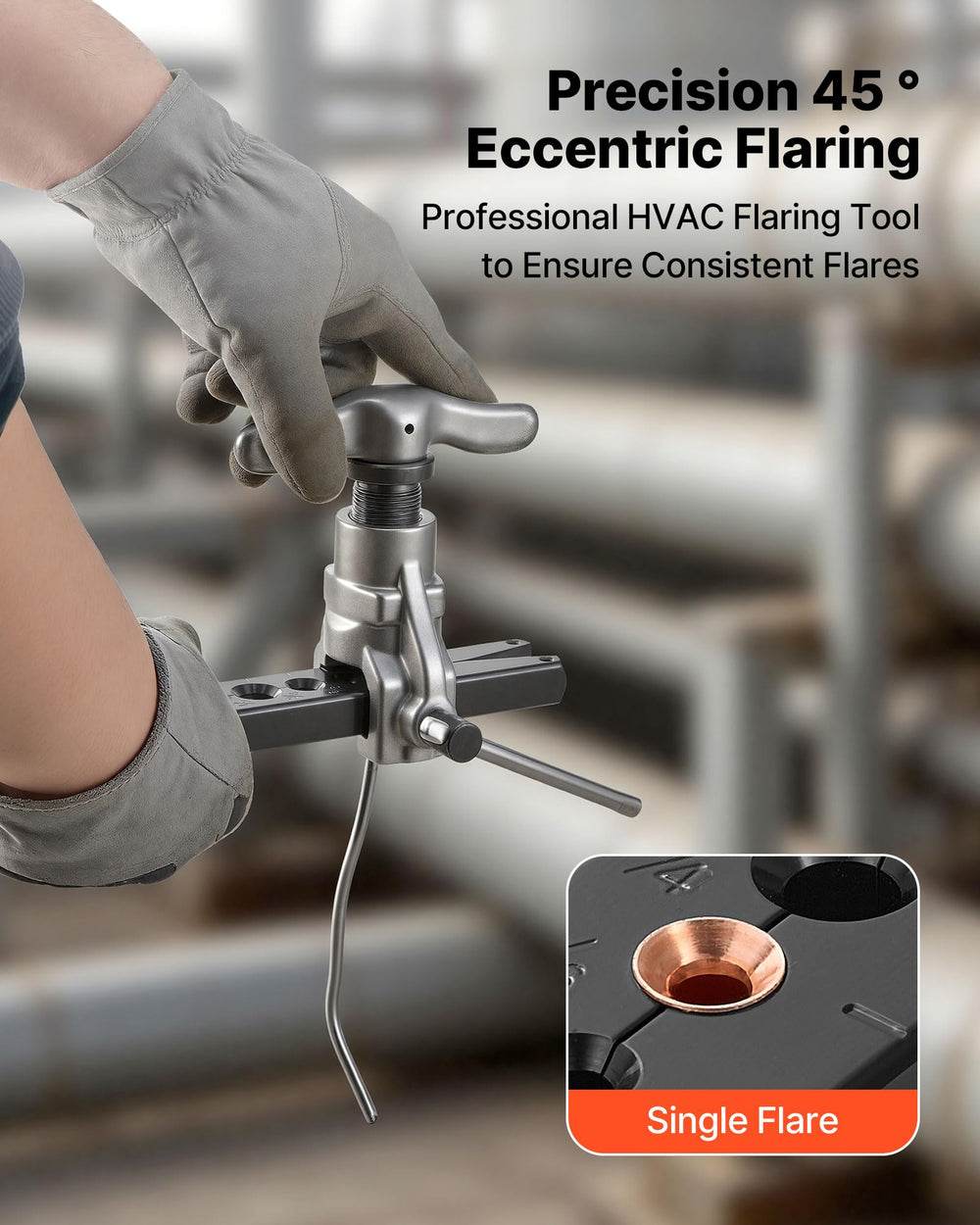 VEVOR flaring tool close-up of 45° eccentric cone for accurate flares