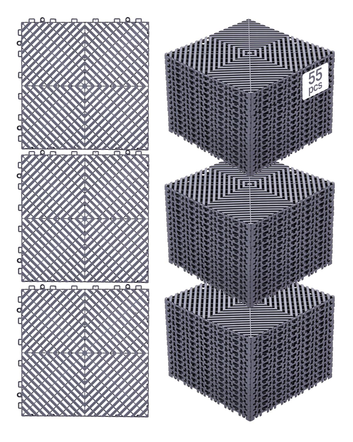 VEVOR front view of 55-piece drainage mat kit showing packaged tiles and benefits