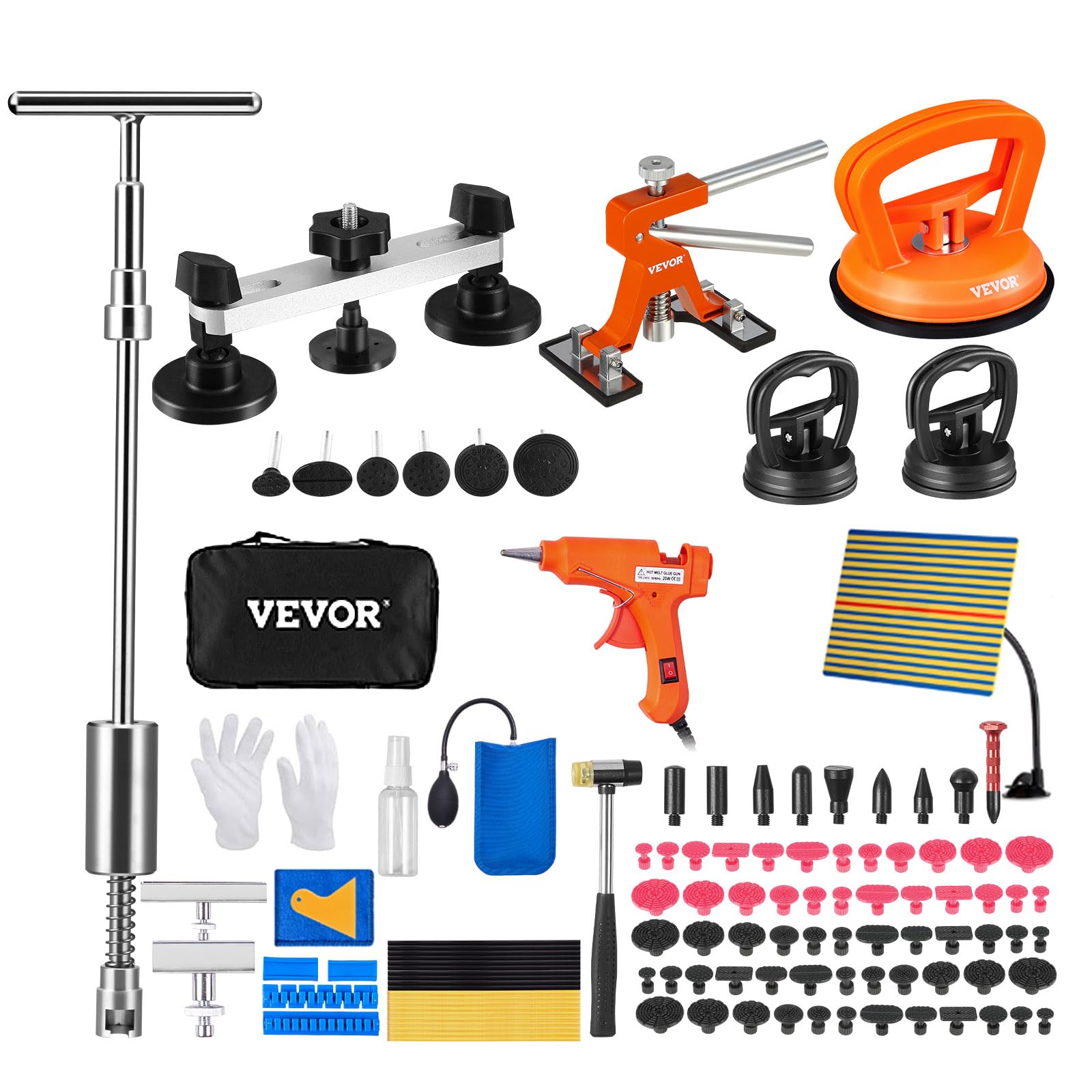 VEVOR front packaging showing full 117-piece dent repair kit and organized tools