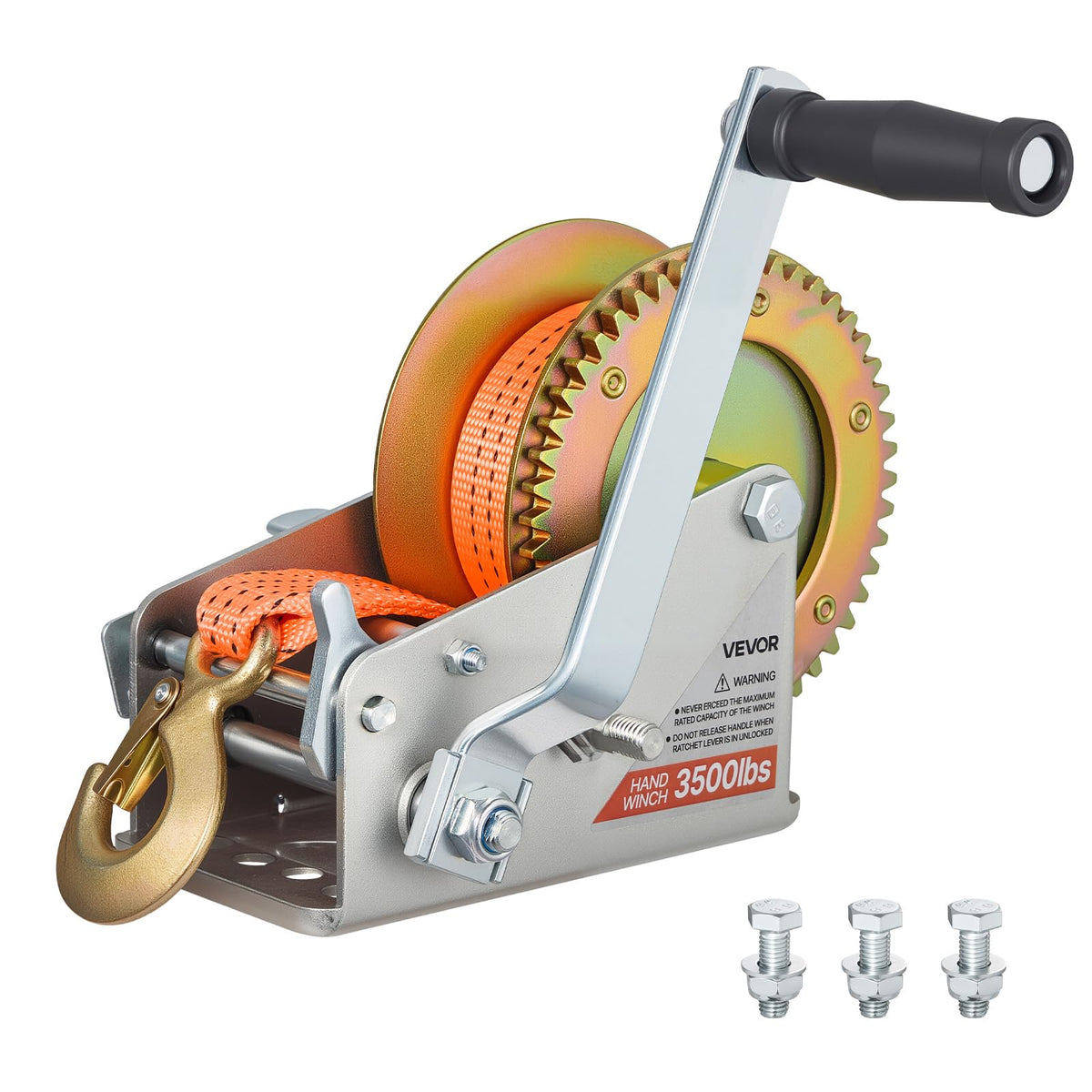 VEVOR front view of winch mounted on trailer showing compact profile and reliability