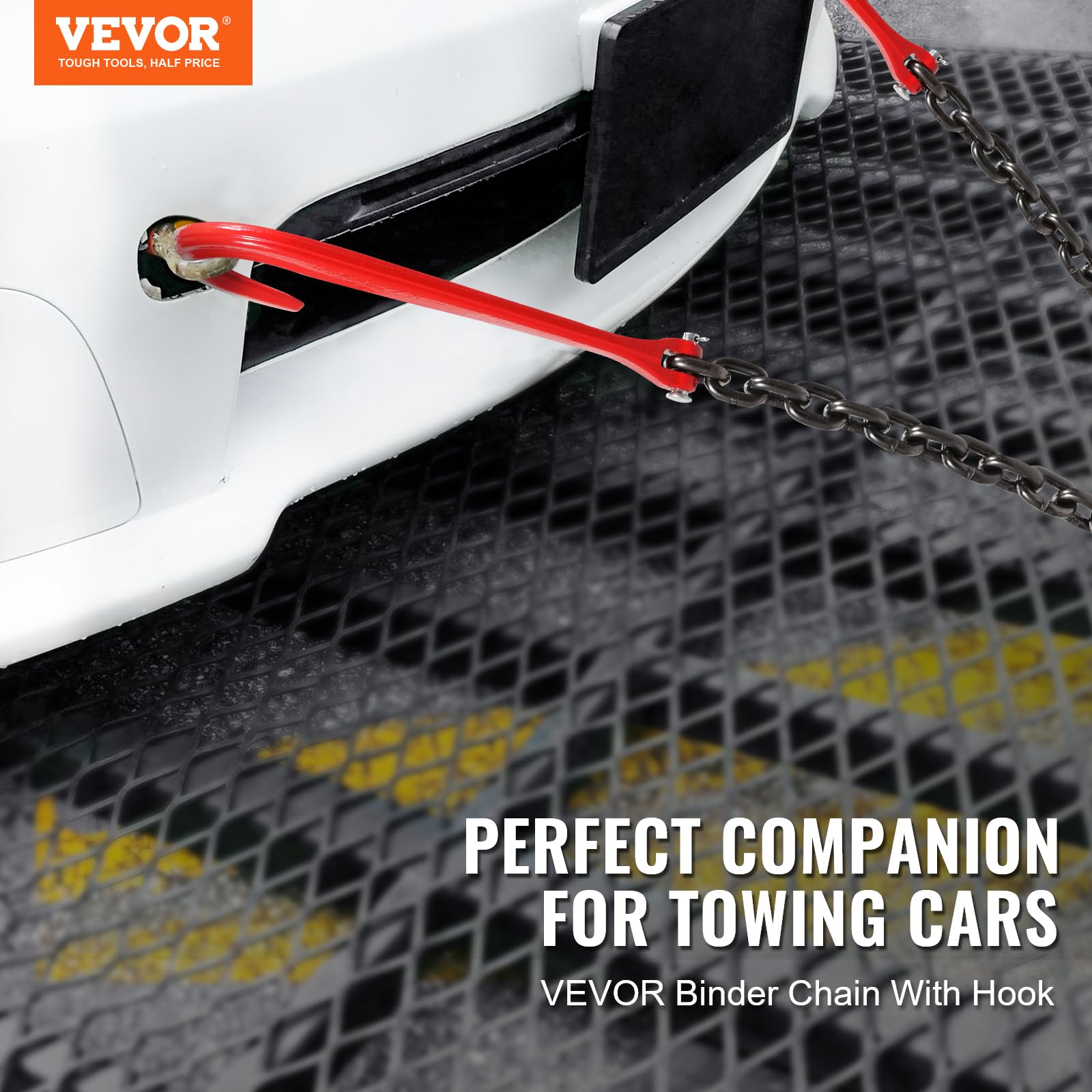 VEVOR close-up of 3/8" G80 chain link showing strength and wear resistance
