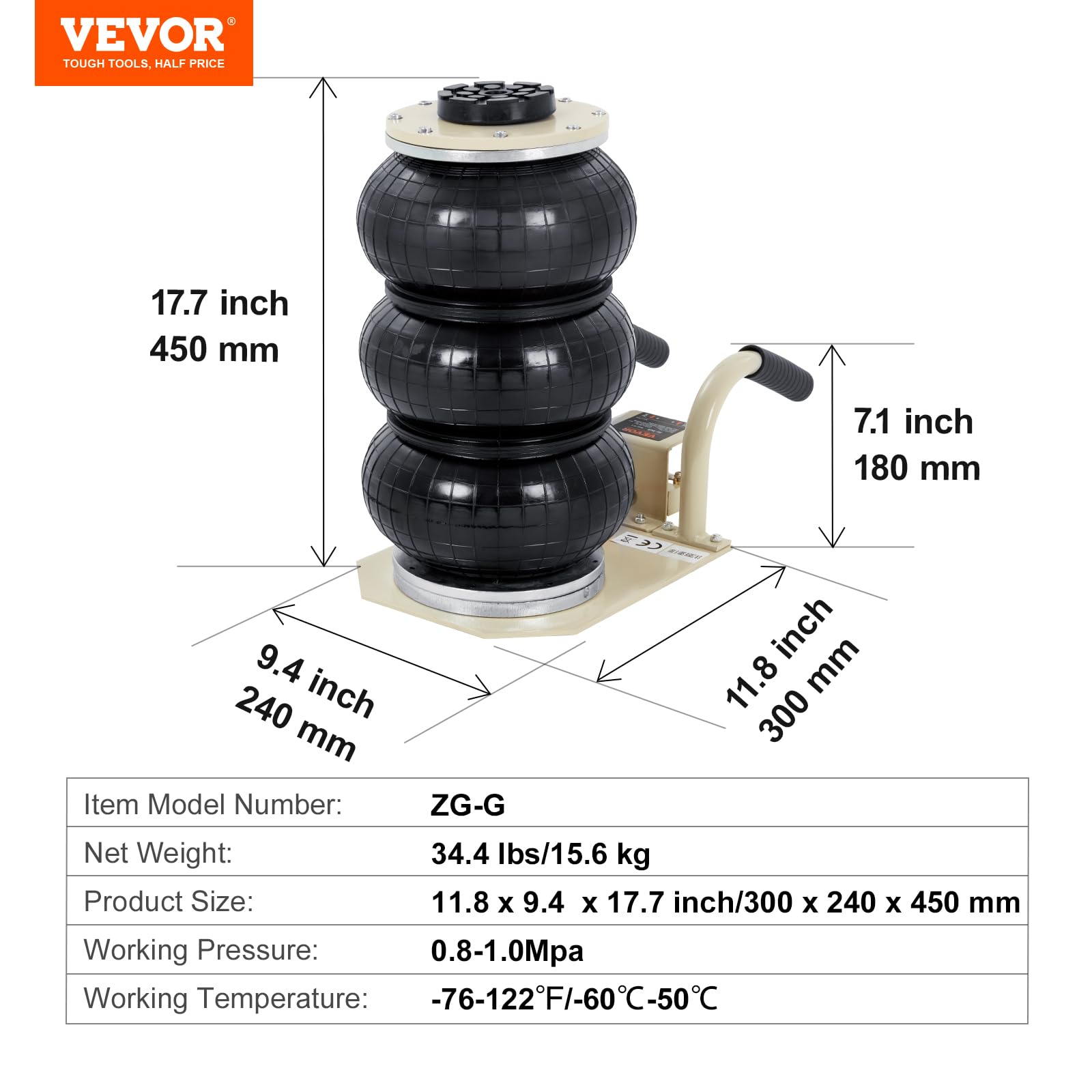 VEVOR handle and valve detail showing ergonomic carry and easy control