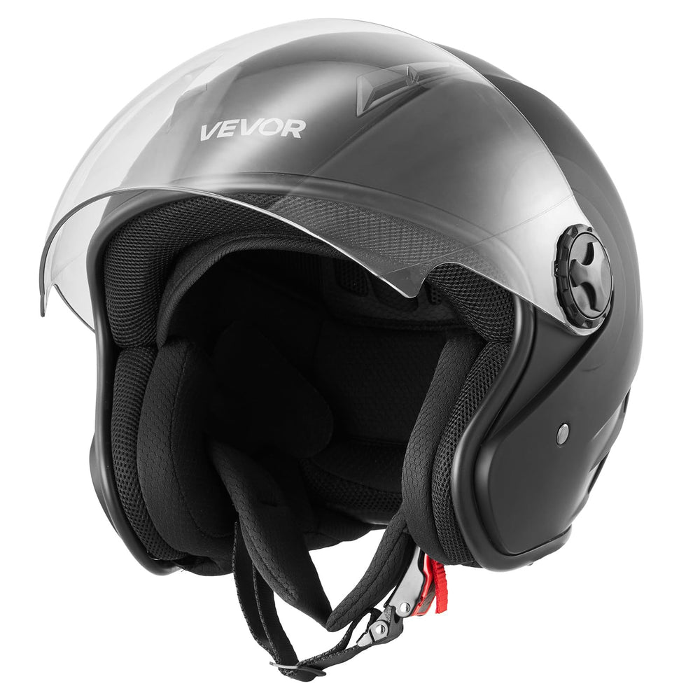 VEVOR helmet front view showing matte black finish and secure fit benefit