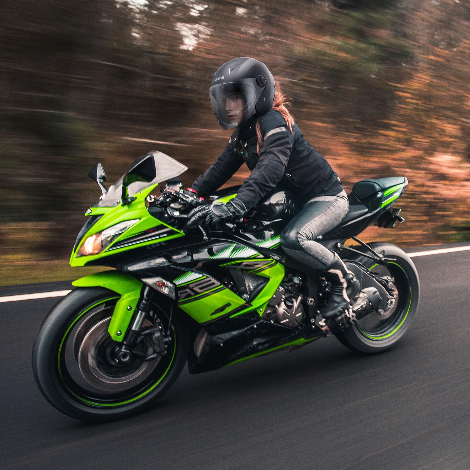 VEVOR helmet on motorcycle lifestyle shot showing real-world visibility benefit