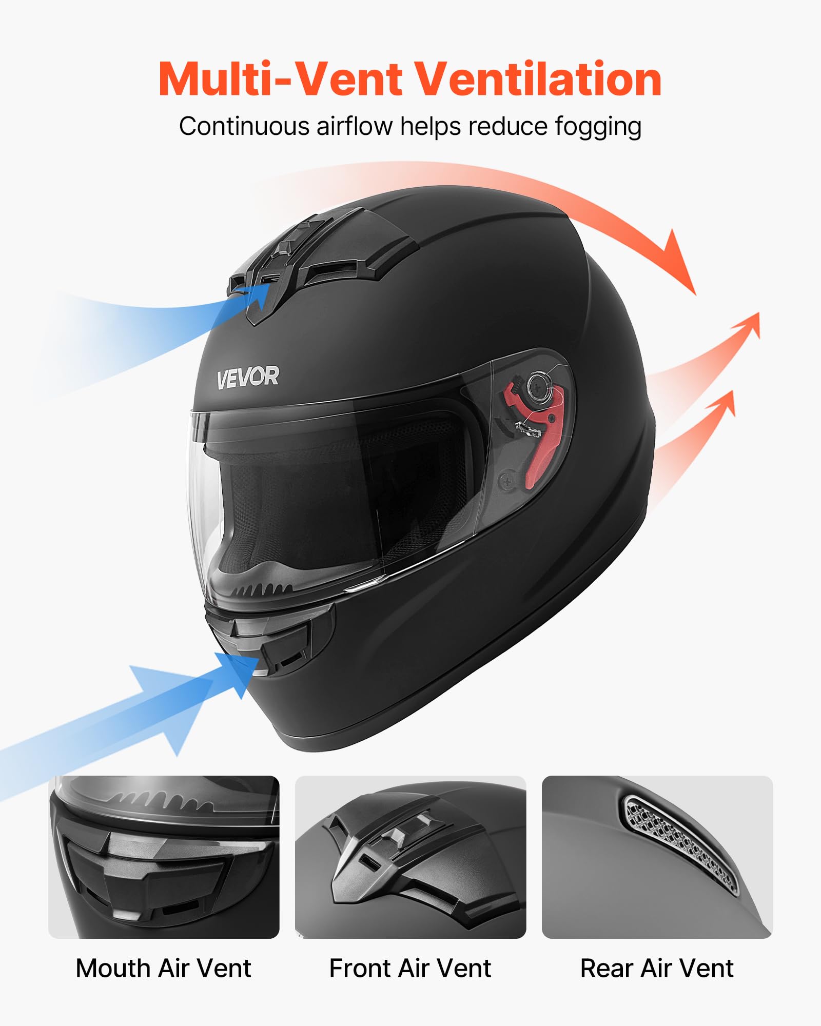 VEVOR helmet top vents highlighting airflow and anti-fog benefit