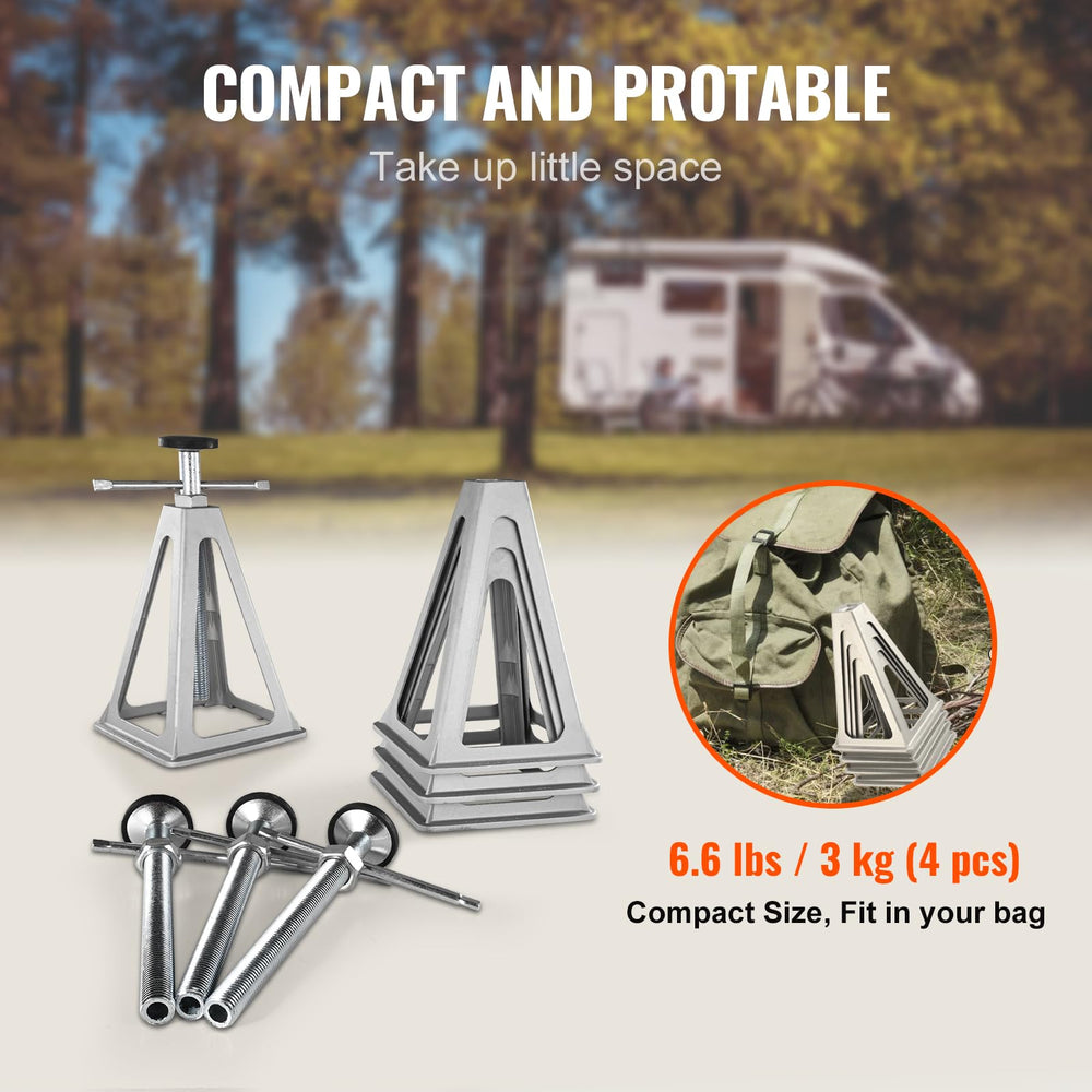 VEVOR jack positioned under camper frame stabilizing the RV for safer entry
