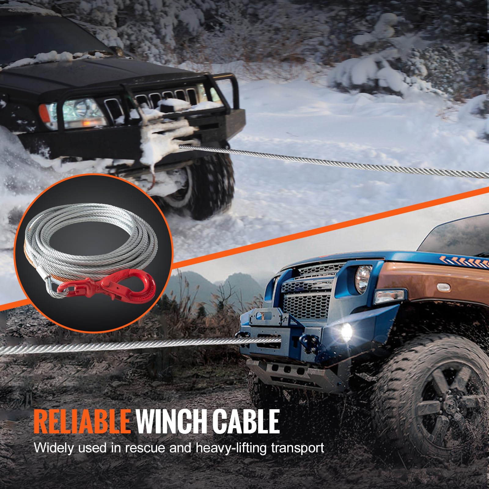 VEVOR cable mounted on a winch in use, demonstrates fit and real-world towing capability