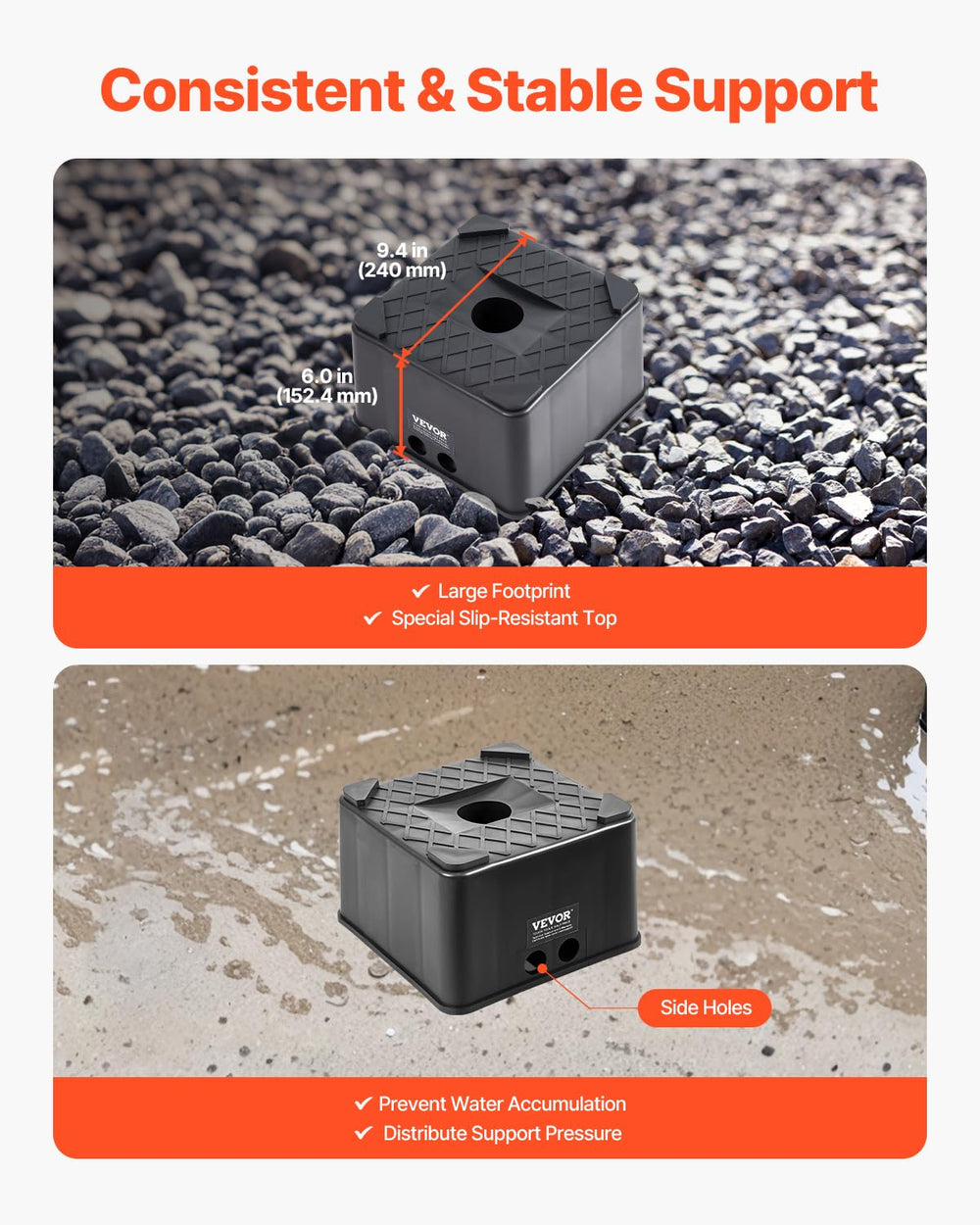 VEVOR jack block installed under RV jack demonstrating improved stability benefit