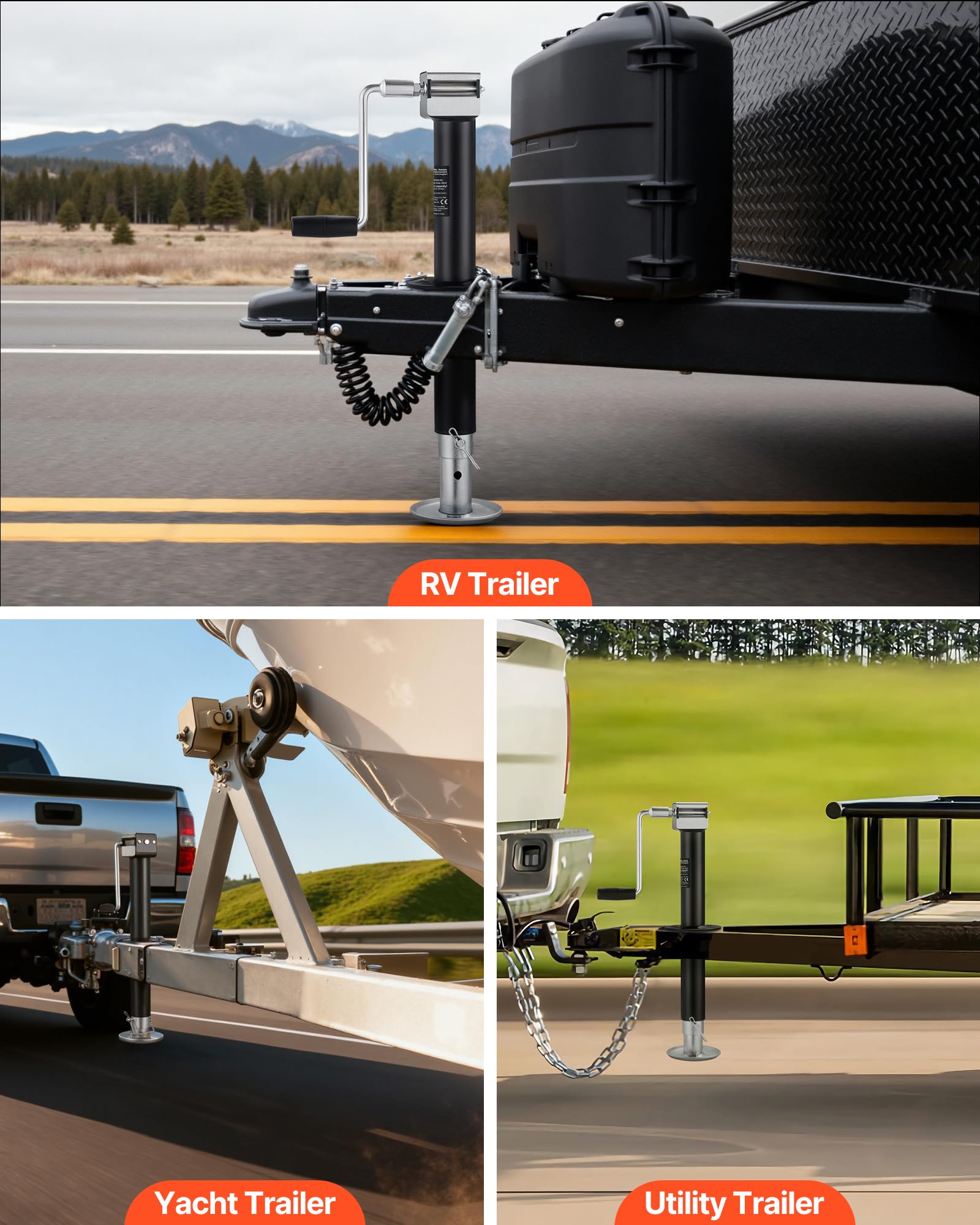 VEVOR jack mounted on a trailer A-frame for fast single-person installation