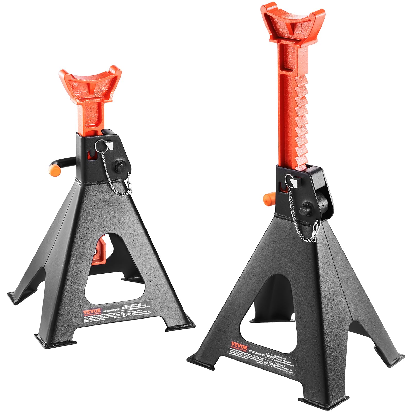 VEVOR jack stands front view showing heavy-duty build and secure support