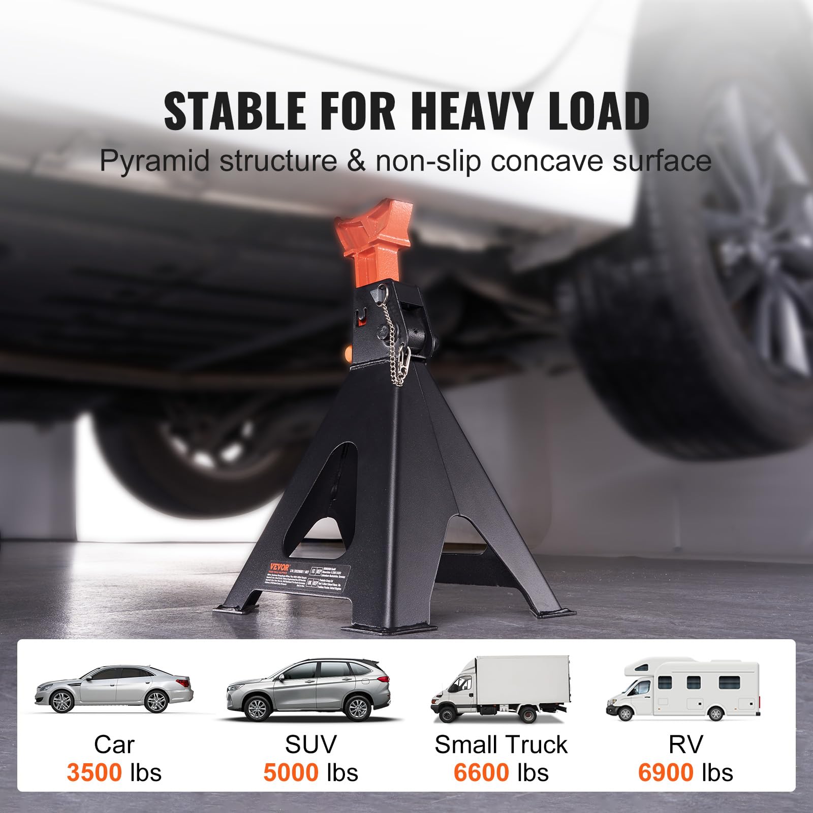 VEVOR jack stands supporting an SUV during maintenance for safe access