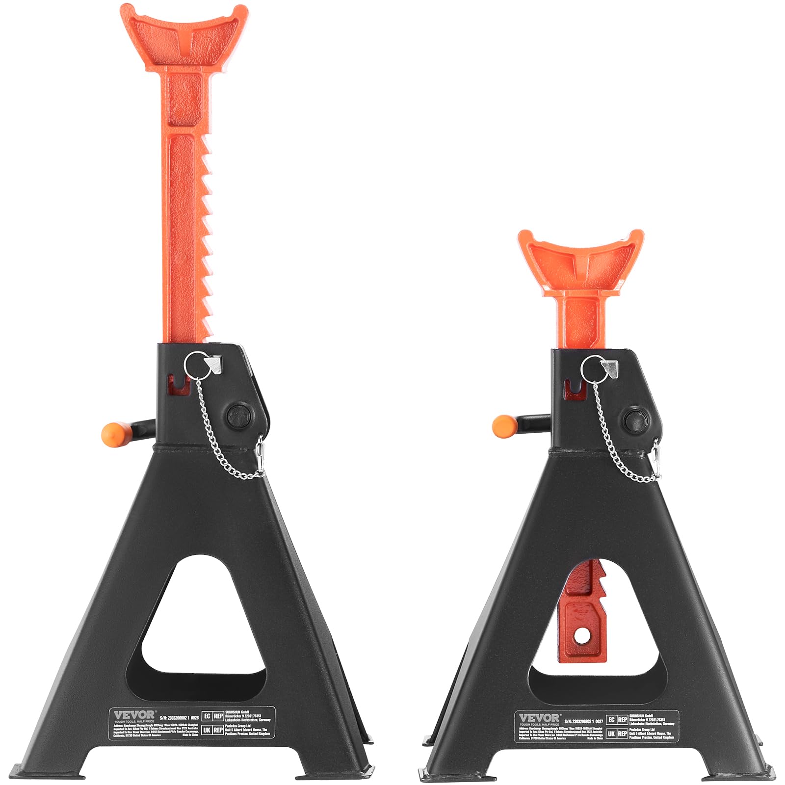 VEVOR jack stands arranged in a garage demonstrating organized workshop use