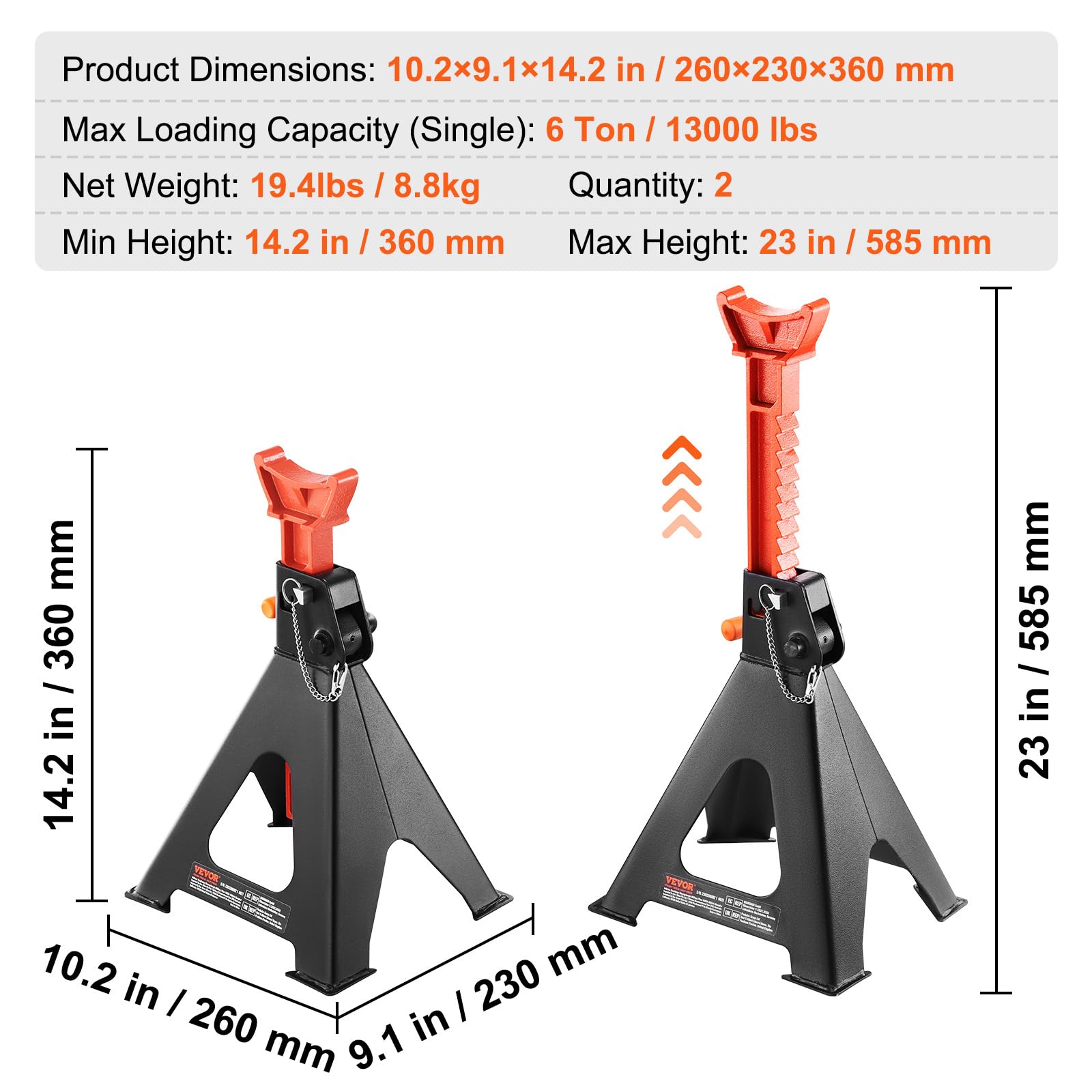 VEVOR jack stands next to tape measure showing height and scale accuracy
