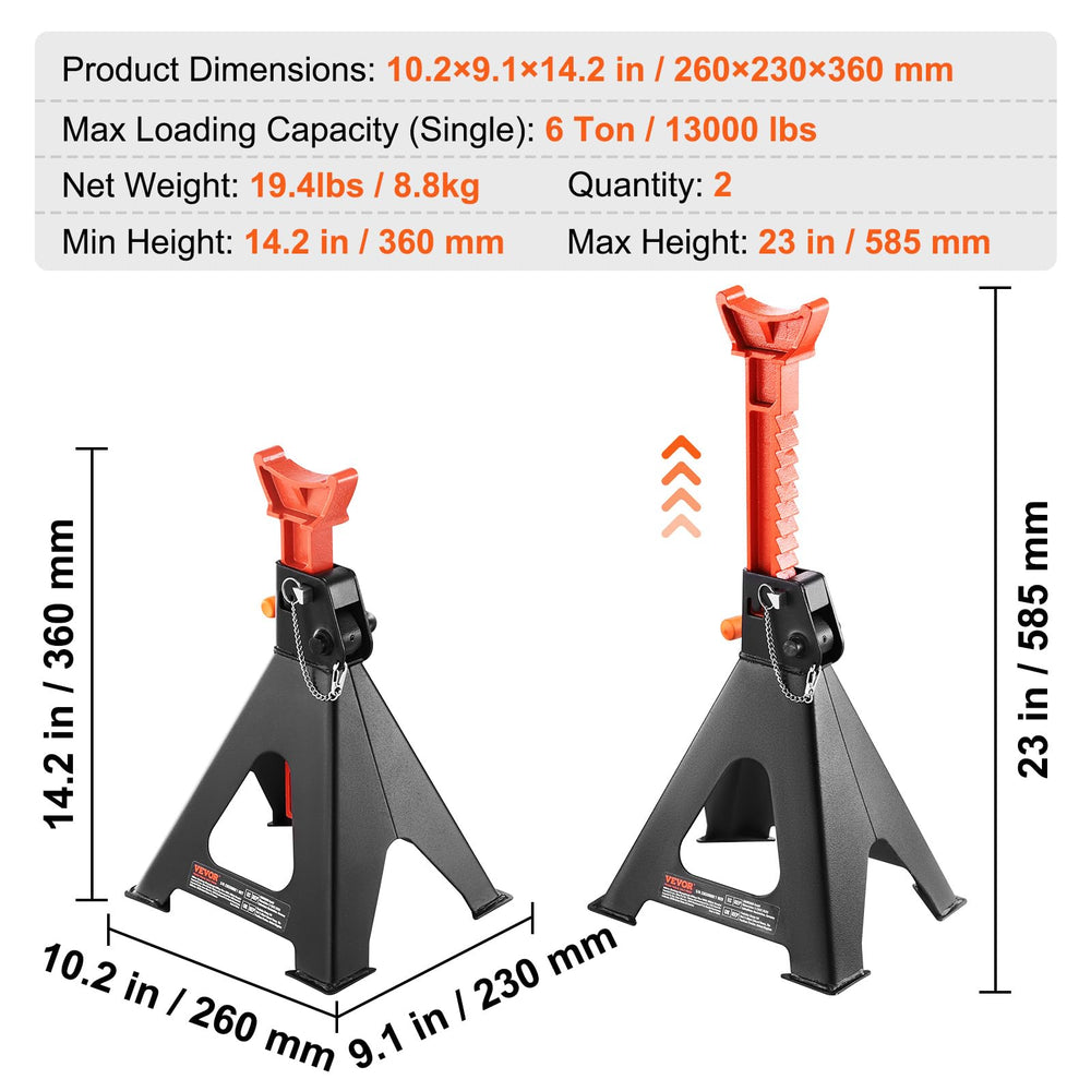 VEVOR jack stands next to tape measure showing height and scale accuracy