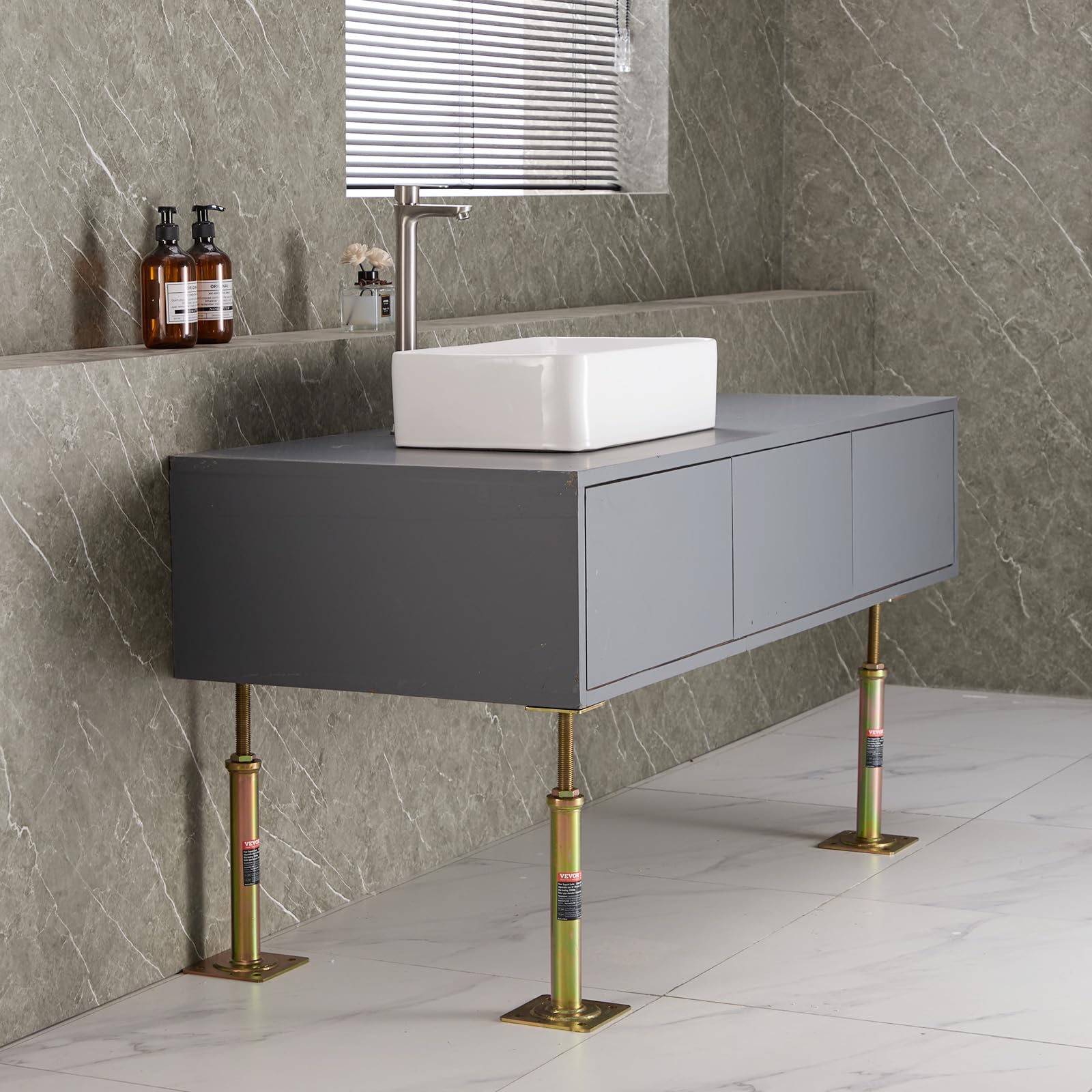 VEVOR jacks supporting a cabinet to demonstrate practical leveling application