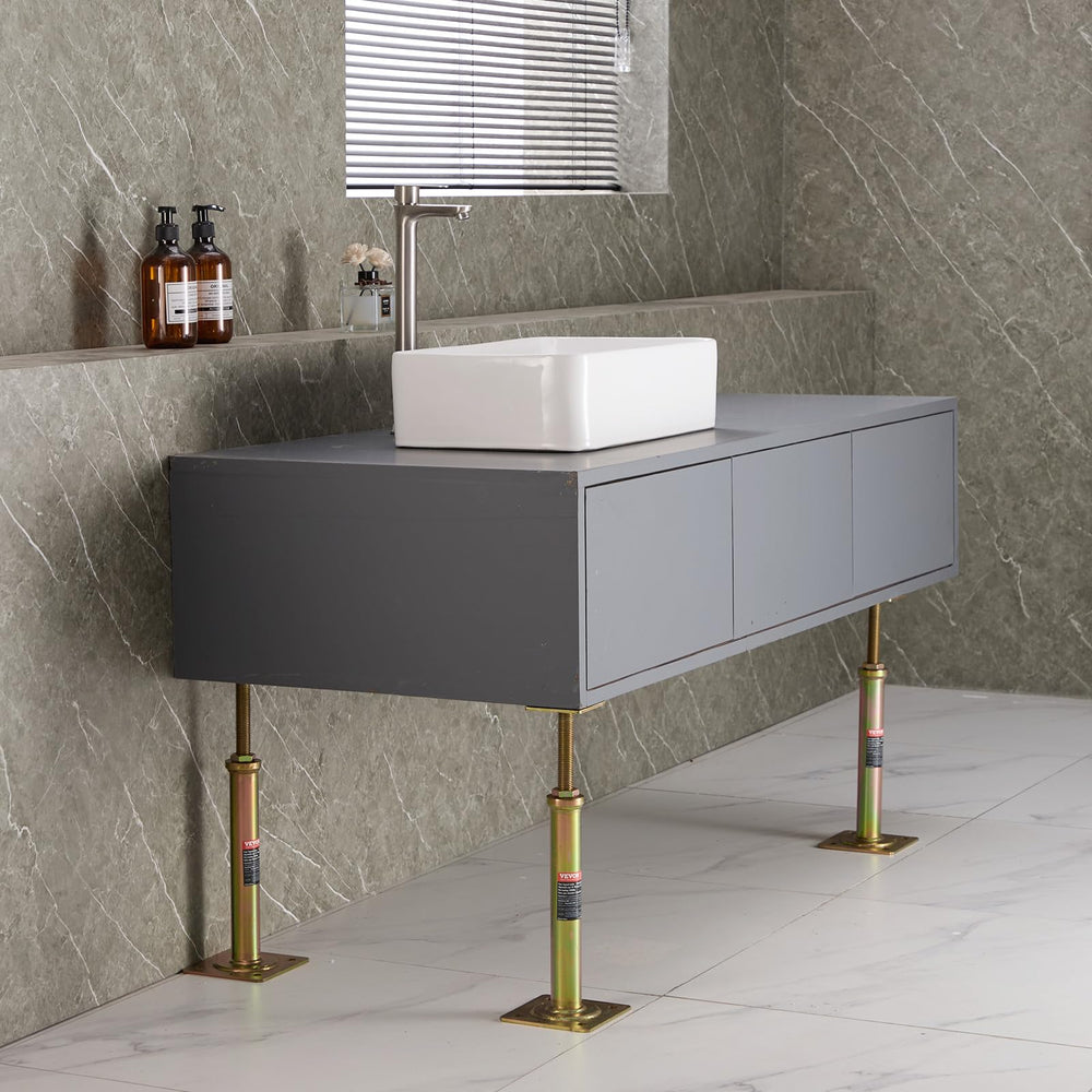 VEVOR jacks supporting a cabinet to demonstrate practical leveling application