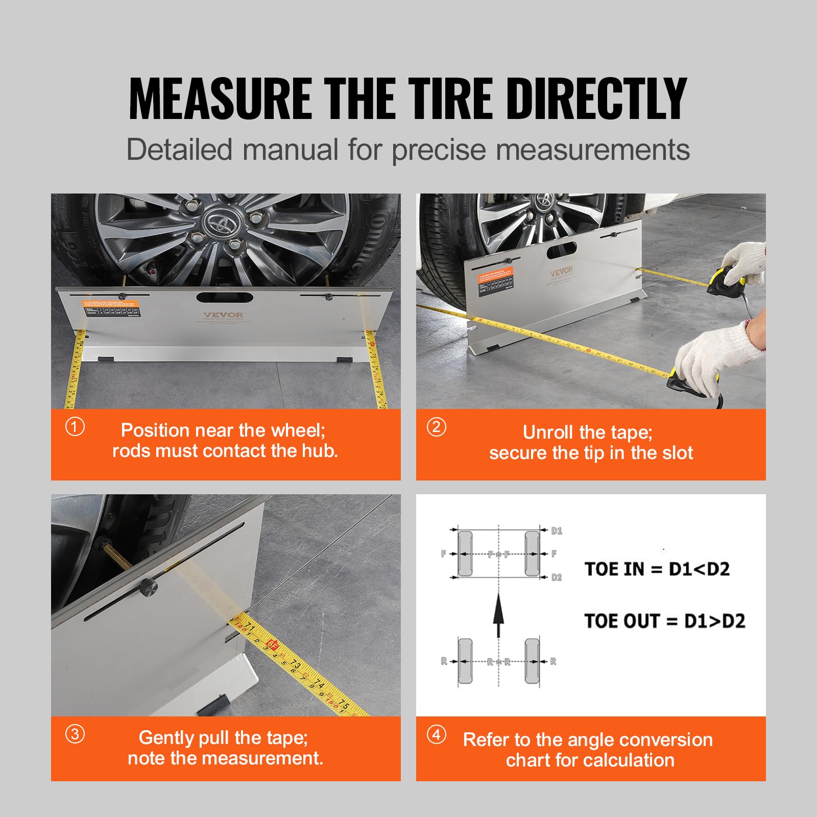 VEVOR kit in use on a sedan hub showing practical toe measurement without tire removal