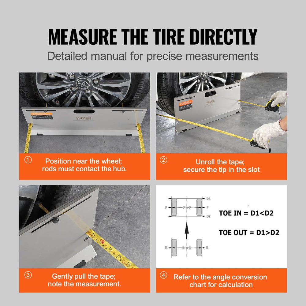 VEVOR kit in use on a sedan hub showing practical toe measurement without tire removal