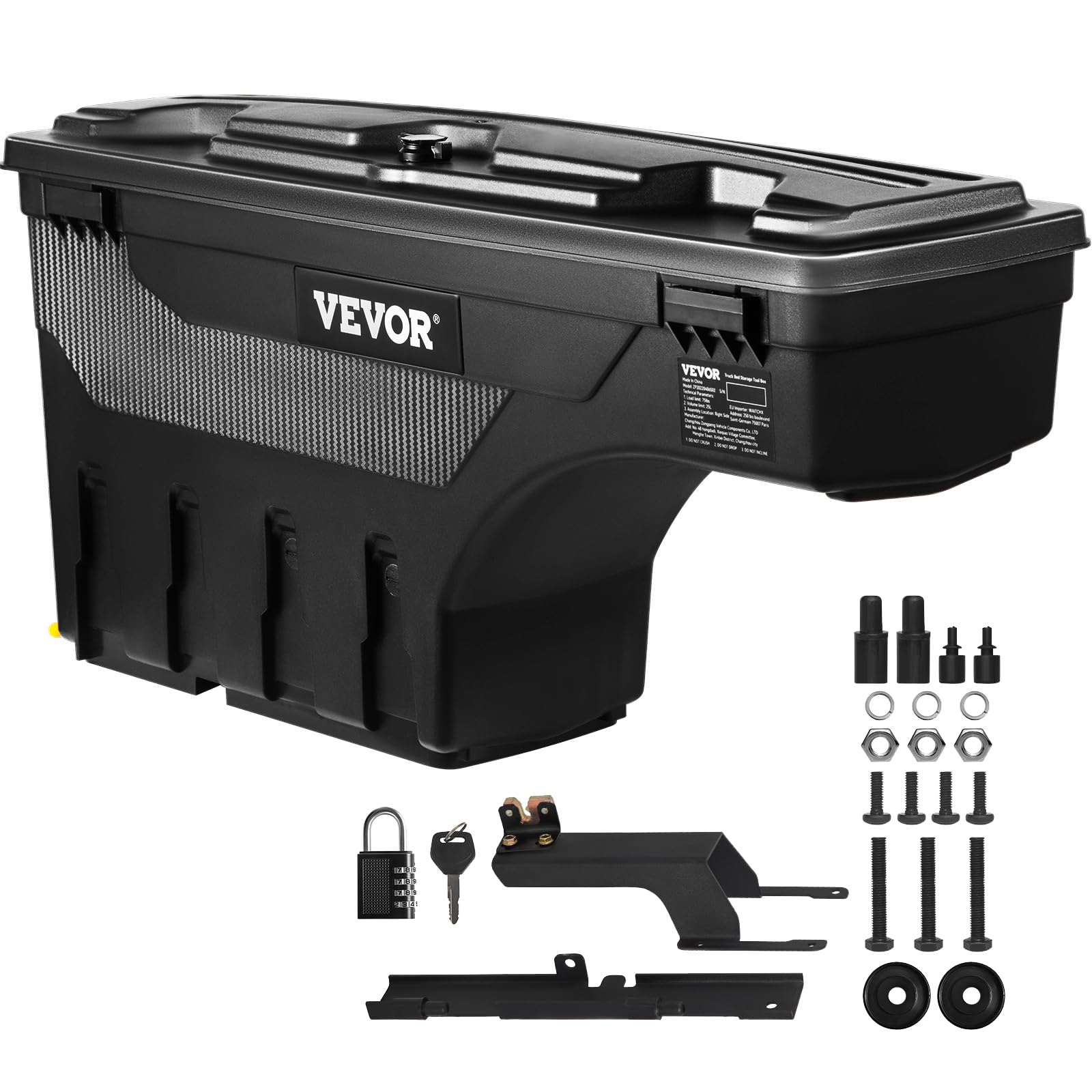 VEVOR front view of left wheel well box showing secure fit and streamlined look
