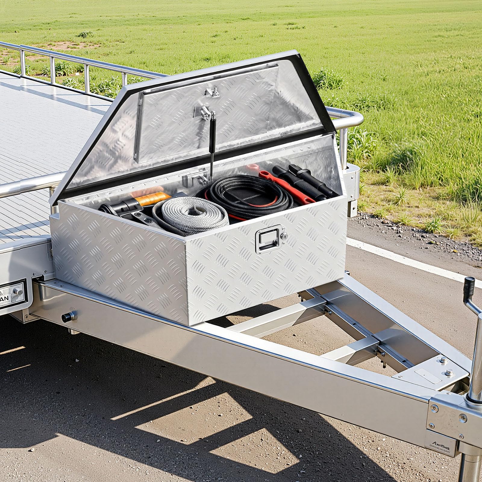VEVOR gas strut detail showing smooth 90-degree lid support for safe access