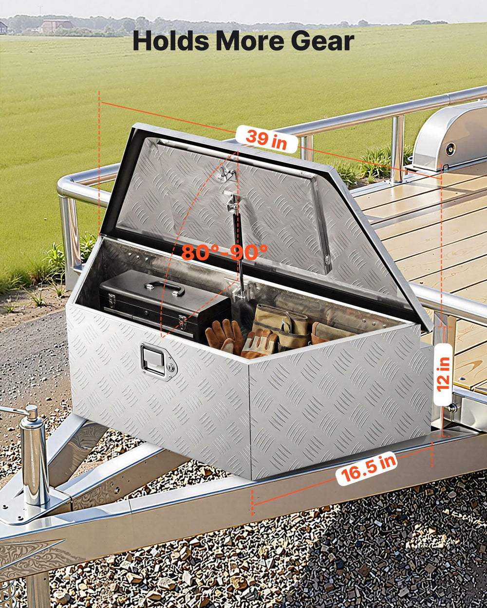 VEVOR trailer tongue box with lid open showing easy organized access