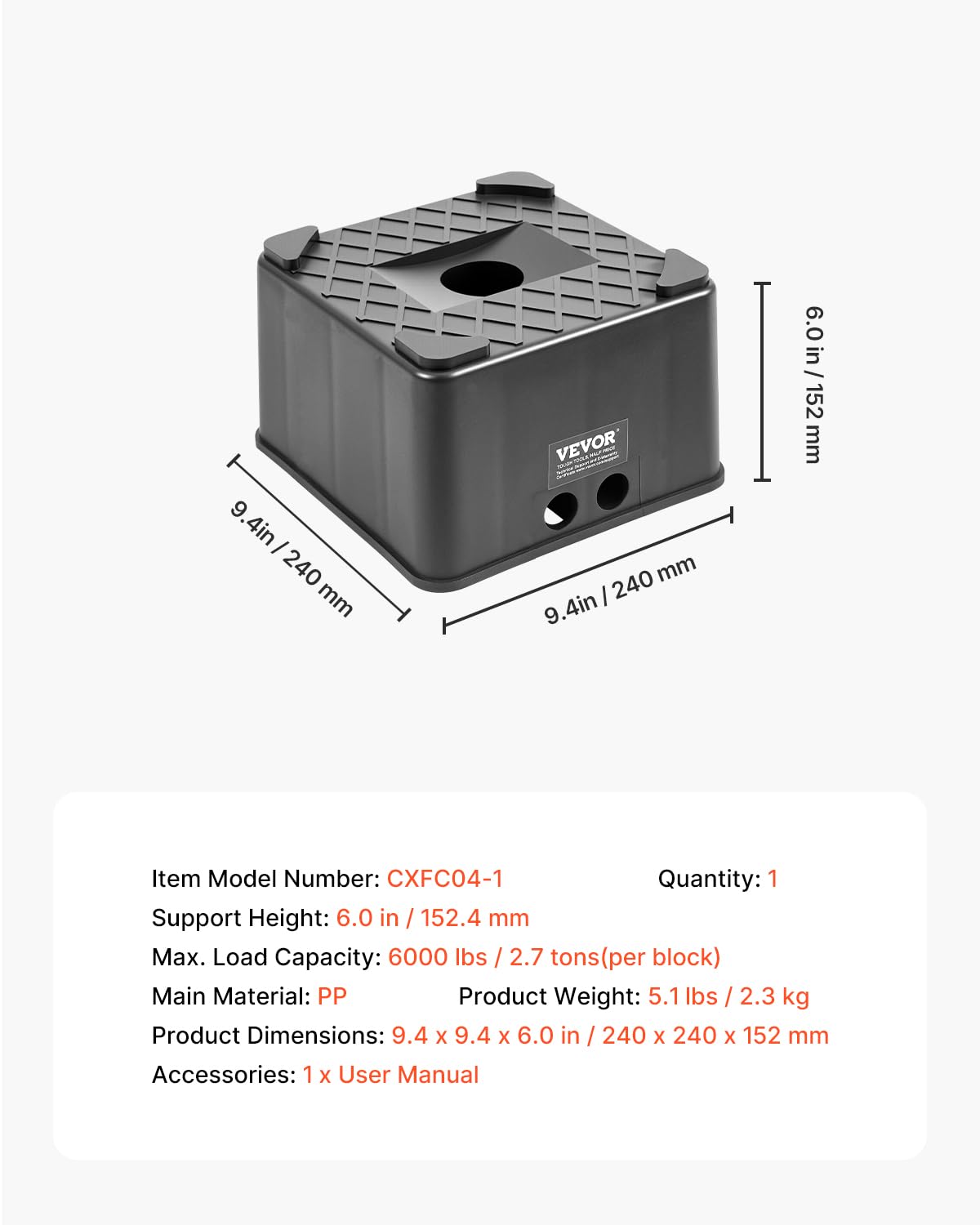 VEVOR lifestyle campsite with block under jack showing reliable camp stability